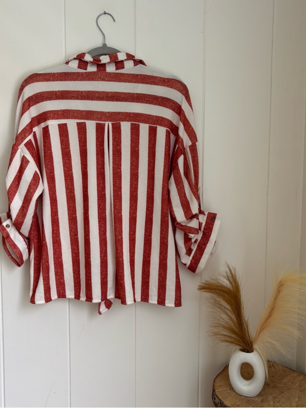 Eden & Olivia Red and White Striped Tie-Front Button-Down Shirt - Picture 7 of 7